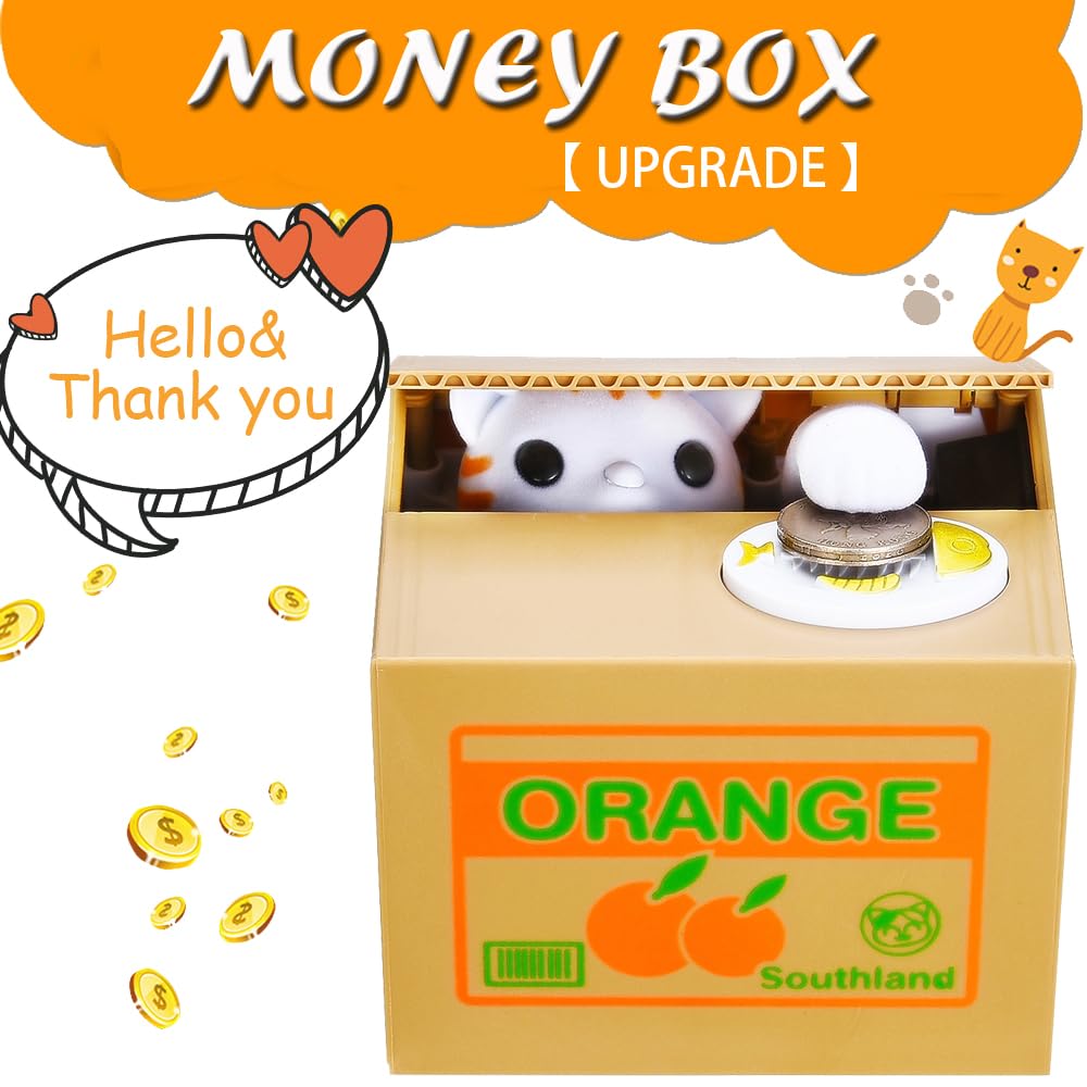 HmiL-U Cat Stealing Money Bank - Large Orange Piggy Bank for Kids, Automatic Coin Bank with English Speaking, Creative Gift