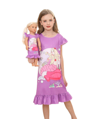 Bow Dream Girl Dress Cute and Matching American Girl Doll Clothes Accessories for Girls Dresses Set Party Birthday Purple Mermai