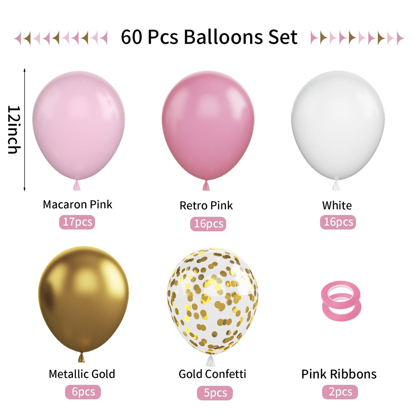 Funhot Pink And Gold Balloons, 60Pcs Retro Pink White Balloons, 12 Inch Metallic Gold Confetti Balloons Helium Light Pink Latex