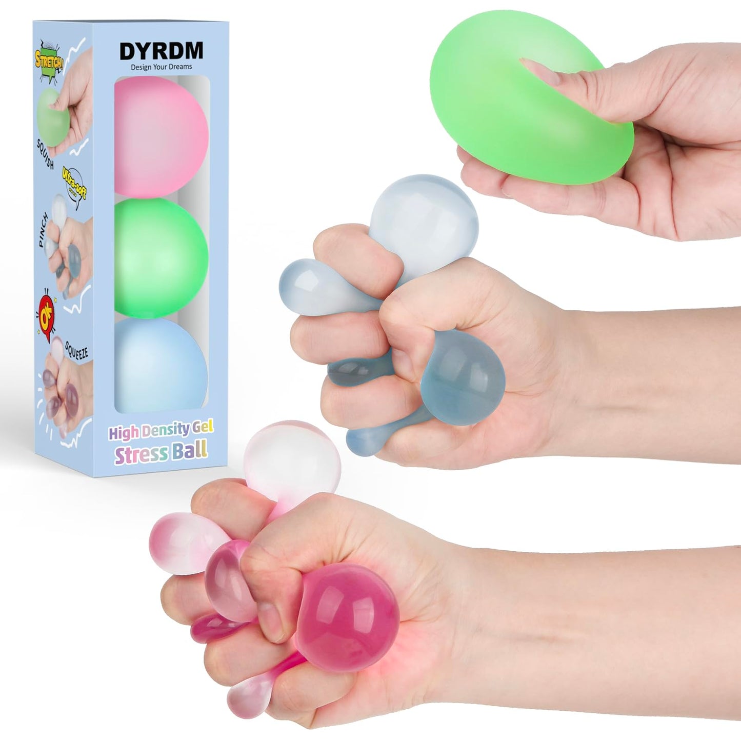 Dyrdm Stress Balls 3-Pack, Easter Basket Stuffers & Fidget Gifts, High Density And Ultra-Soft Memory Gel Filled, Squishy Fidget Toy, Squeeze Balls Sensory For Anxiety Stress Relief