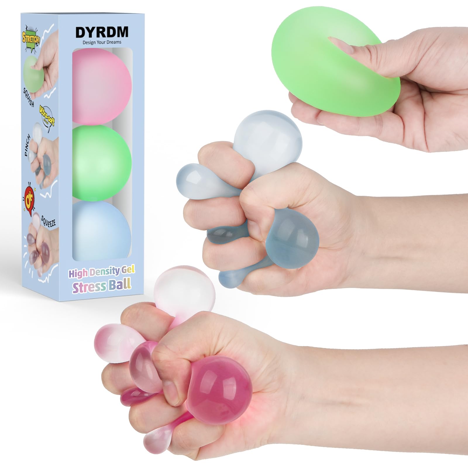 Dyrdm Stress Balls 3-Pack, Easter Basket Stuffers & Fidget Gifts, High Density And Ultra-Soft Memory Gel Filled, Squishy Fidget Toy, Squeeze Balls Sensory For Anxiety Stress Relief