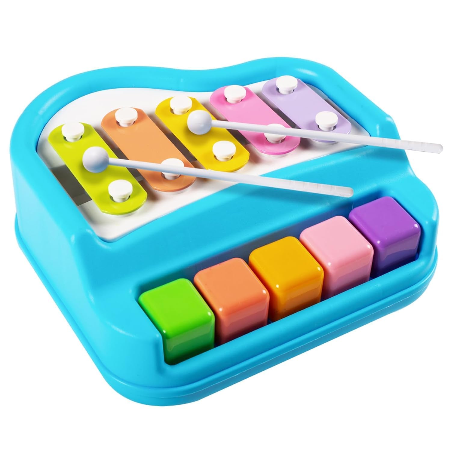 2In1 Piano And Xylophone Toy For Toddlers | Musical Learning Instrument With 5 Multicolored Keys & 2 Mallets | Educational Ear