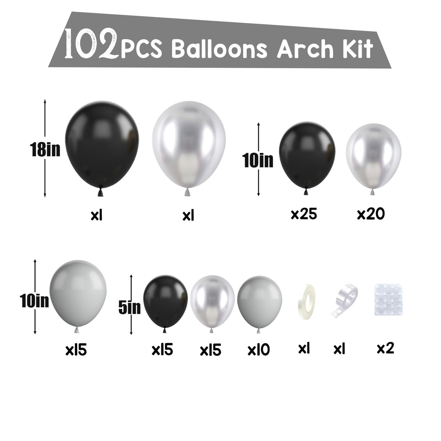 Black And Silver Balloon Arch Kit, 102Pcs Metallic Silver And Black Balloon Garland Kit Black Gray Party Balloons Grey Silver La