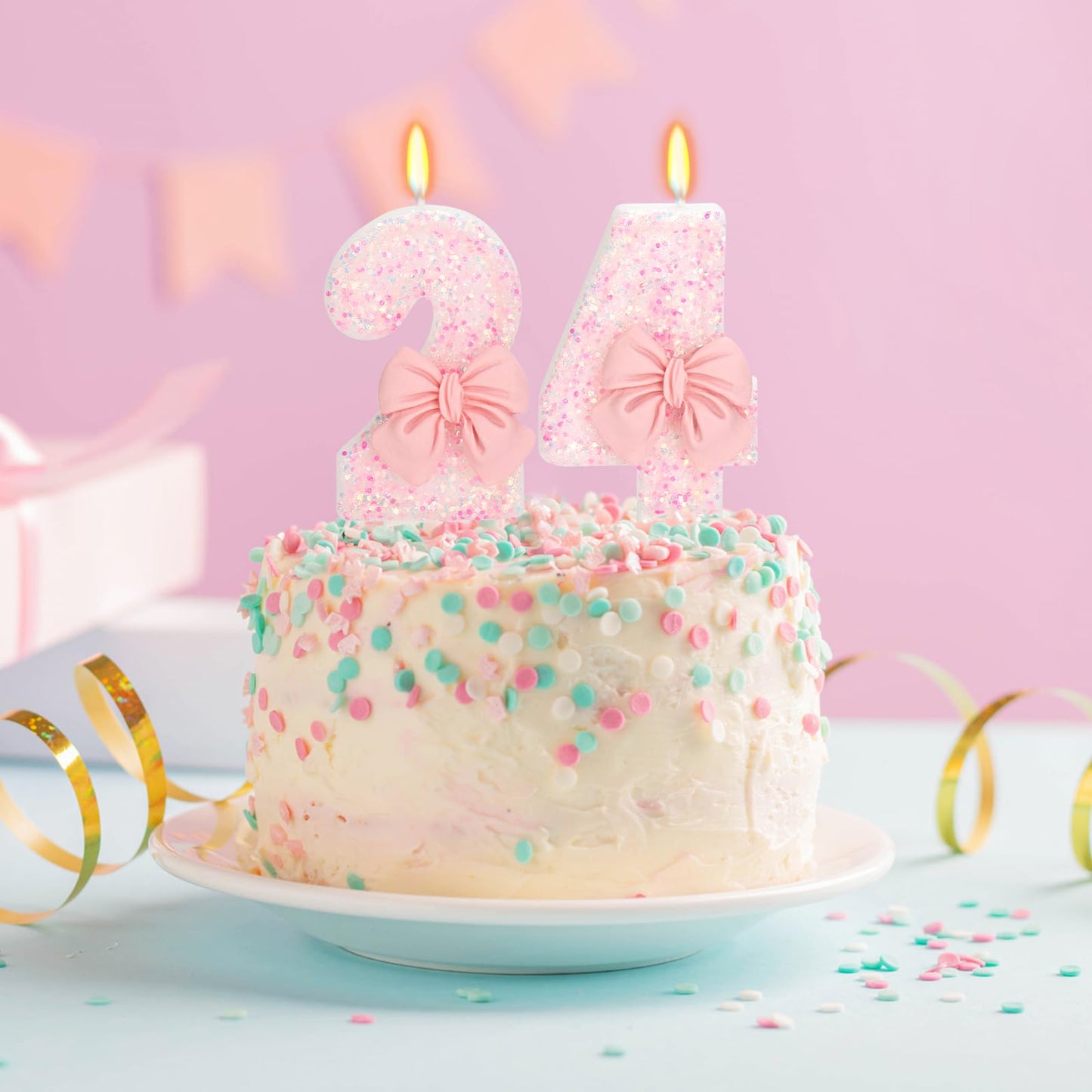 ElekFX 24th Birthday Candles for Cake, Pink Bow Number Cake Candles, 2.76 inch Number Happy Birthday Candle, Cake Topper Decorat