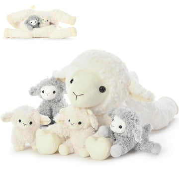 Beniny 5Pcs Lamb Stuffed Animal Set, Mommy Lamb Plush 20 Inch With 4 Baby Lambs In Her Zippered Tummy, Stuffed Sheep Plushie Toy