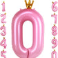 40 Inch Crown Pink Number 0 Balloon, Big Conjoined Baby Pink Foil Mylar Helium Digit 0 Balloon For Girl Birthday Party Decoratio