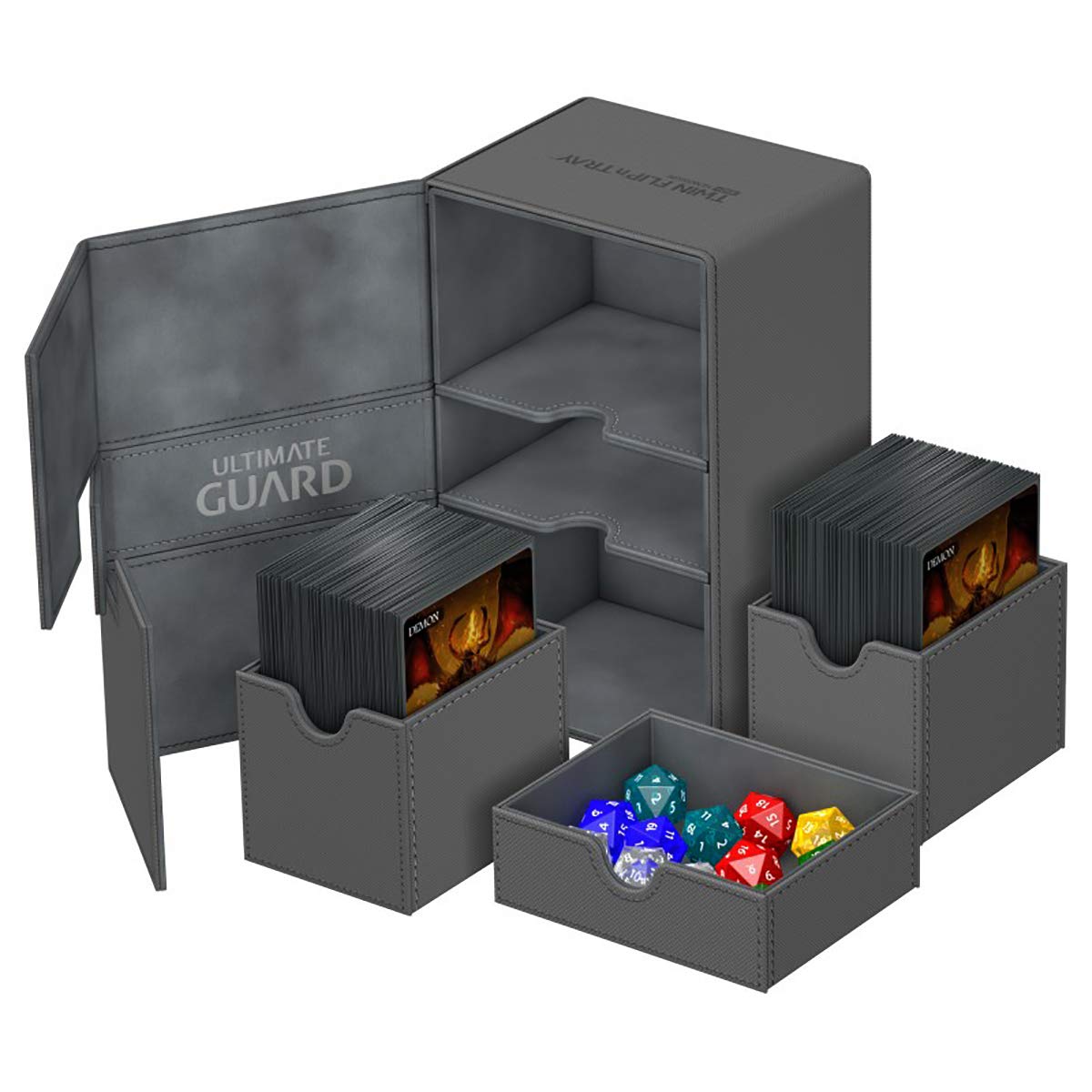 Ultimate Guard Flip 'N' Tray 160+, Deck Case For 160 Double-Sleeved Tcg Cards + Dice Tray, Grey/Grey, Independent Magnetic Closure & Microfiber Lining