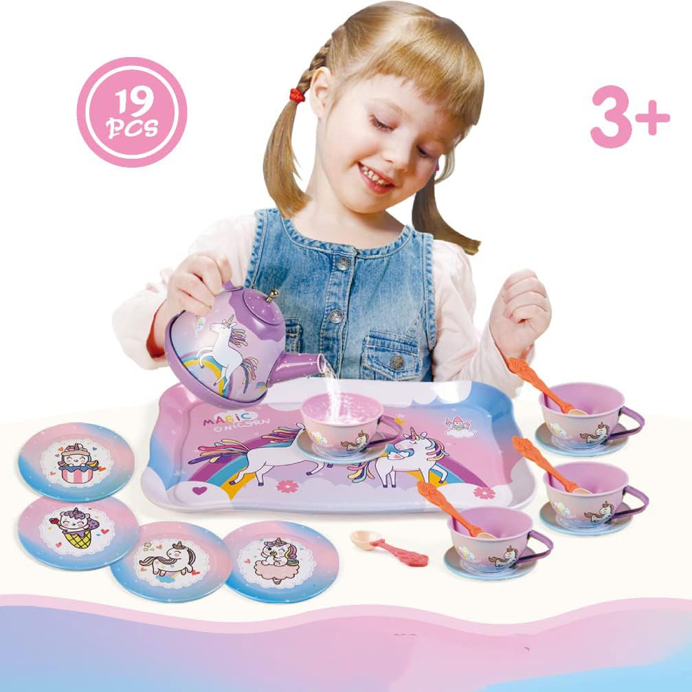 19Pcs Rainbow Unicorn Toys Tea Party Set for Little Girls, Birthday Gift for Age 3 4 5 6 Year Old, Princess Tea Time Set Toys fo
