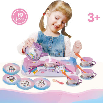 19Pcs Rainbow Unicorn Toys Tea Party Set for Little Girls, Birthday Gift for Age 3 4 5 6 Year Old, Princess Tea Time Set Toys fo