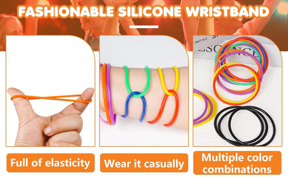 LIANGYUNZE 60Pieces 10 Colors Silicone Jelly Bracelets Nonluminous Stretchy 80s Mixed Gummy Silicone Wristbands Hair Ties for Wo