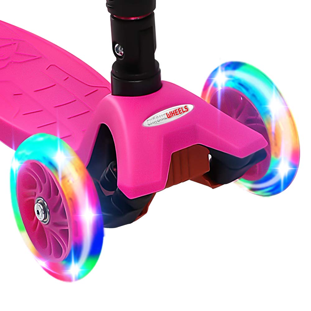 ChromeWheels Deluxe Kick Scooter for Kids, 3 Wheel, Foldable, 4 Adjustable Heights, LED Light Up Wheels, Pink, Model CW8009L-Pink