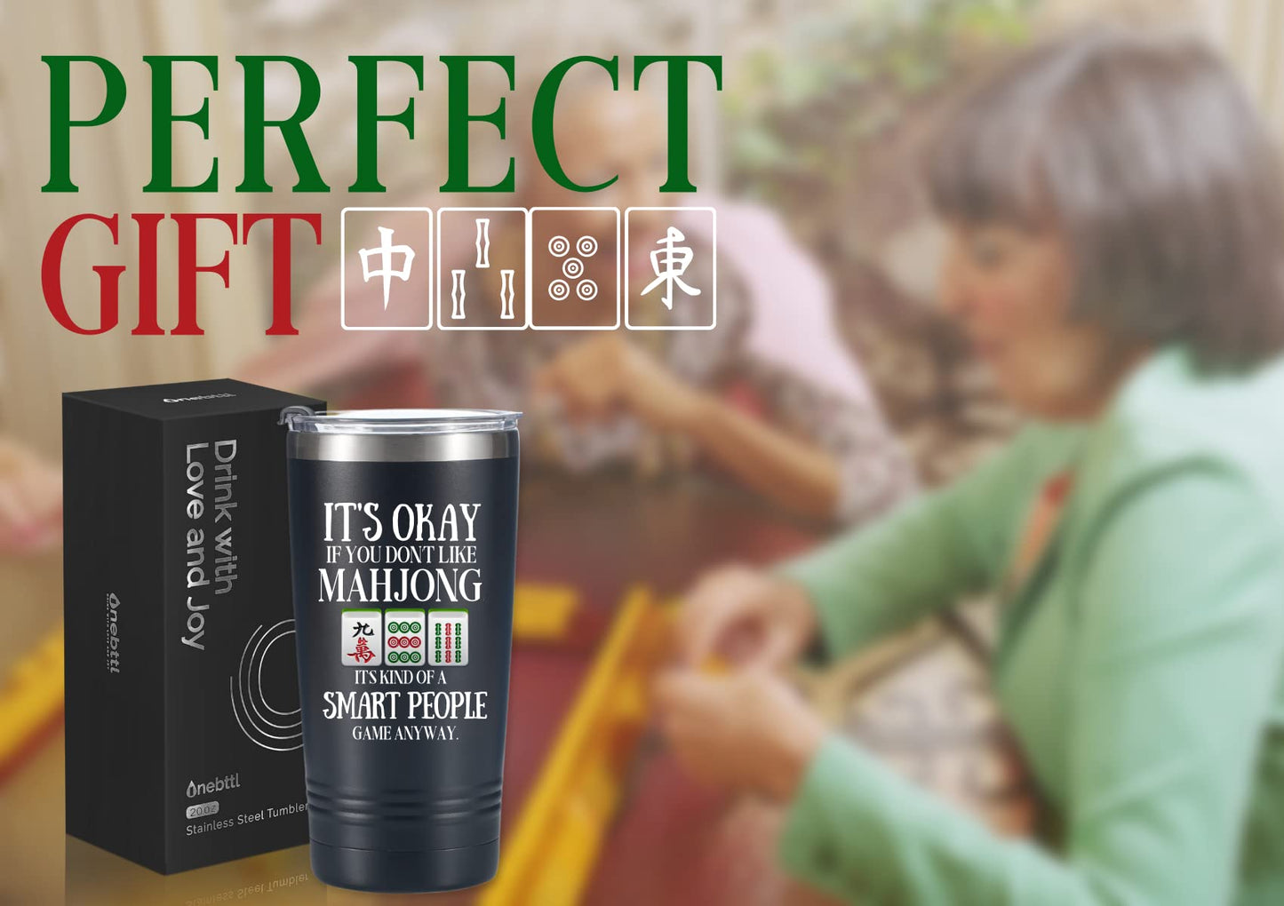 Onebttl Insulated Stainless Steel Mahjong Cup, 20oz, Black - Smart People Game, Perfect Gift for Mahjong Lovers