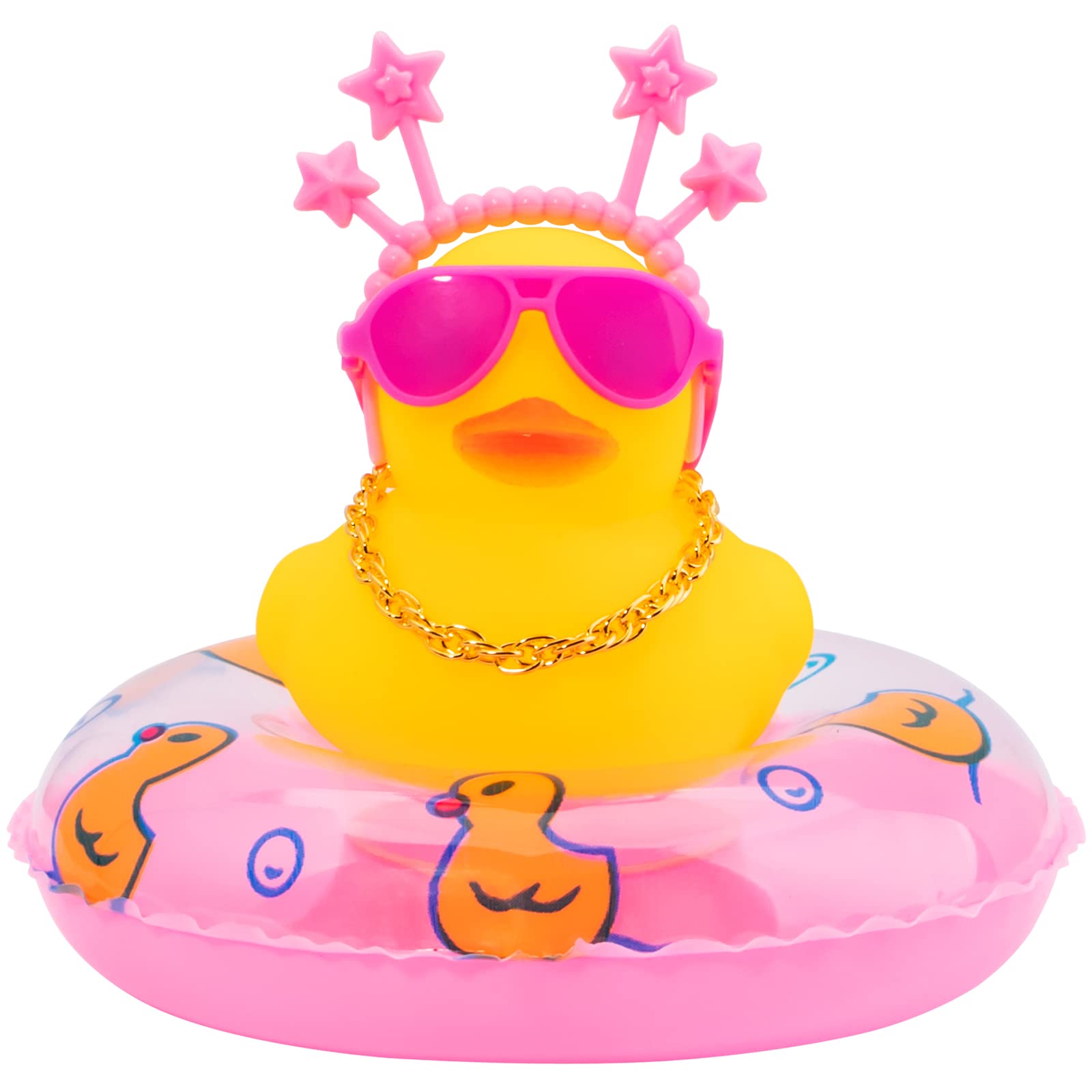wonuu Car Duck Rubber Duck Car Ornaments Duck Car Dashboard Decorations with Cute Headband Swim Ring Necklace Sunglasses  B-Pink Star Headband