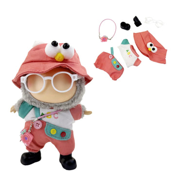 Stylish Adorable 17cm Dolls Clothes  6PCS Doll Outfits Dress-Up with Hat + Top + Pants + Glasses + Shoes + Pendant Accessories (No Dolls) Red