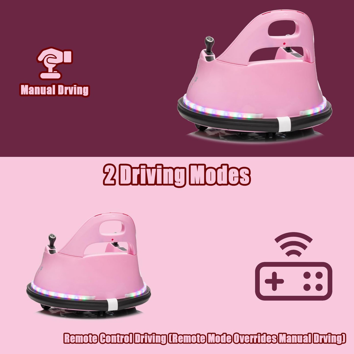 FINITO 12V Ride On Electric Bumper Car for Toddlers with Remote Control, 360 Degree Spin, LED Lights, Music, Safety Belt for Age