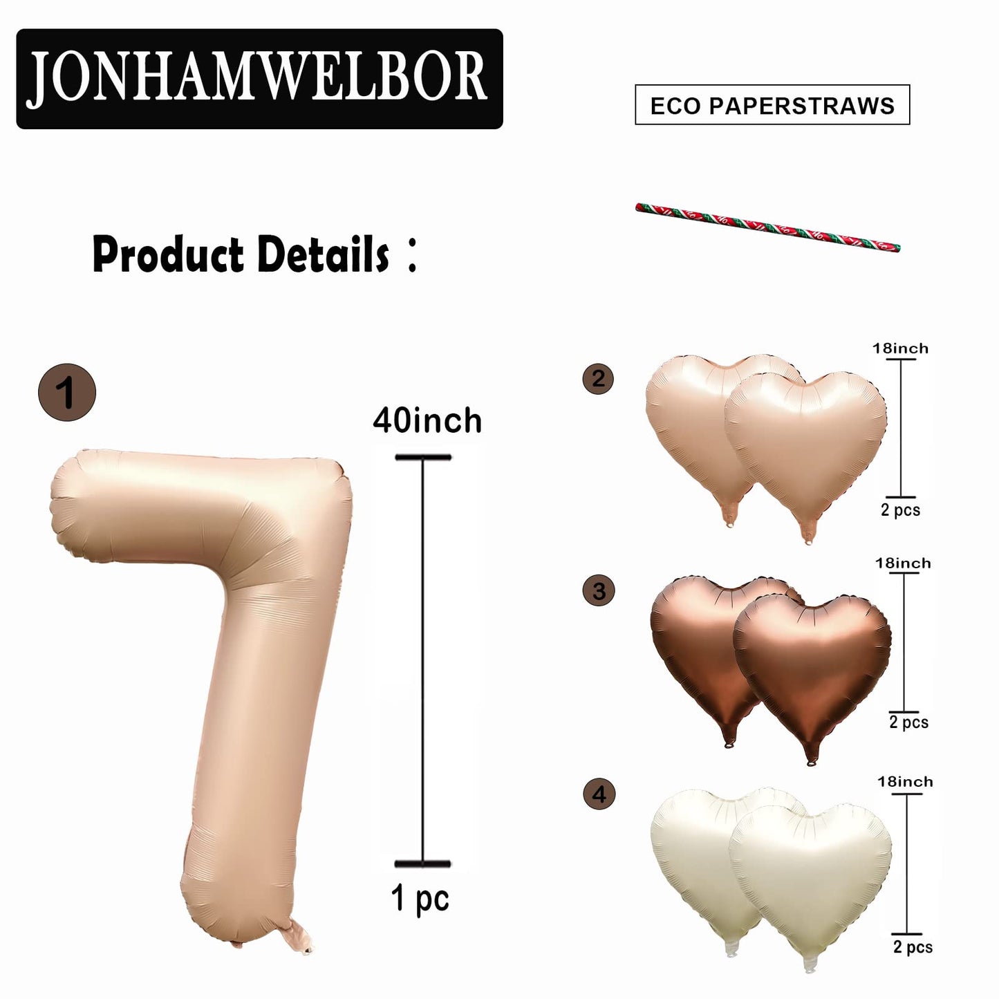 Jonhamwelbor 40 Inch Caramel Number 7 Balloon Retro Brown Large Jumbo Big Giant Helium Foil Mylar Number Balloon With Heart Ball