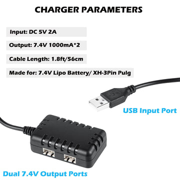 Urgenex Charger Cable 2S 7.4V 1 To 2 Usb Charger Replacement For Scx24 Rc Car 1A With Xh-3P Connector Compatible With Axial Scx1