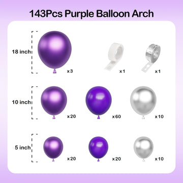 Dark Purple Balloons Arch Garland Kit-143Pcs Silver Metallic Purple Balloons For Birthday Anniversary New Years Baby Shower Grad