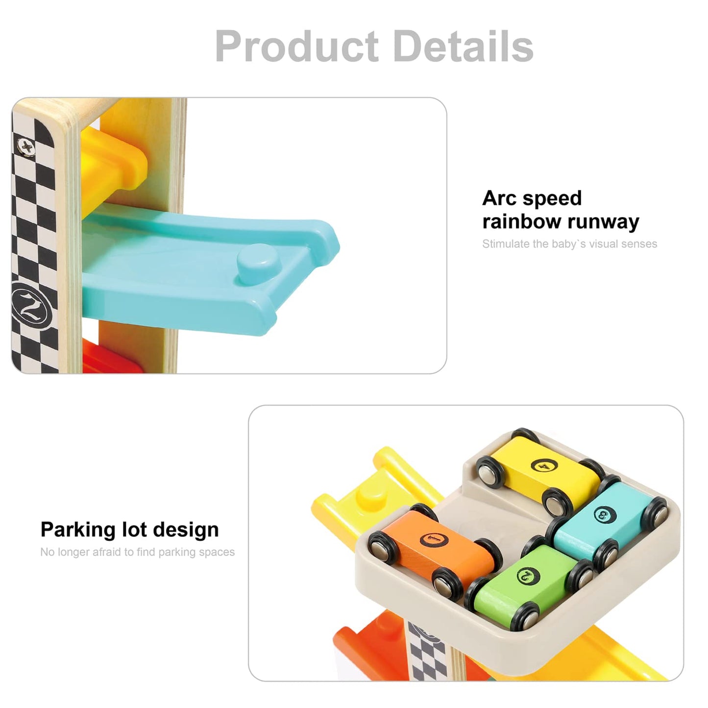 TOP BRIGHT Wooden Race Track Car Ramp for Toddlers - 4 Mini Cars, Toddler Race Track, Ramp Racer Suit, Ideal Gifts for 1-2 Year Olds