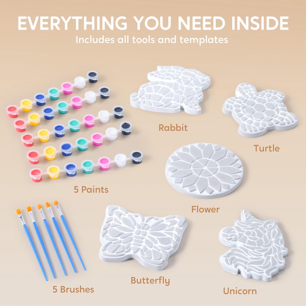 Klever Kits Stepping Stones Painting Kit - Paint 5 Garden Stones, Medium, Colorful, Ceramic Decor for Kids Age 8+ - Model 60220