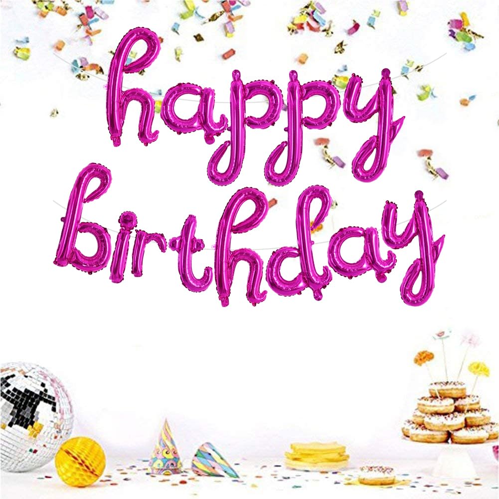 Toniful Hot Pink Happy Birthday Balloons Banner,Cursive Happy Birthday Balloons Hot Pink Birthday Decorations Hot Pink Mylar Foi