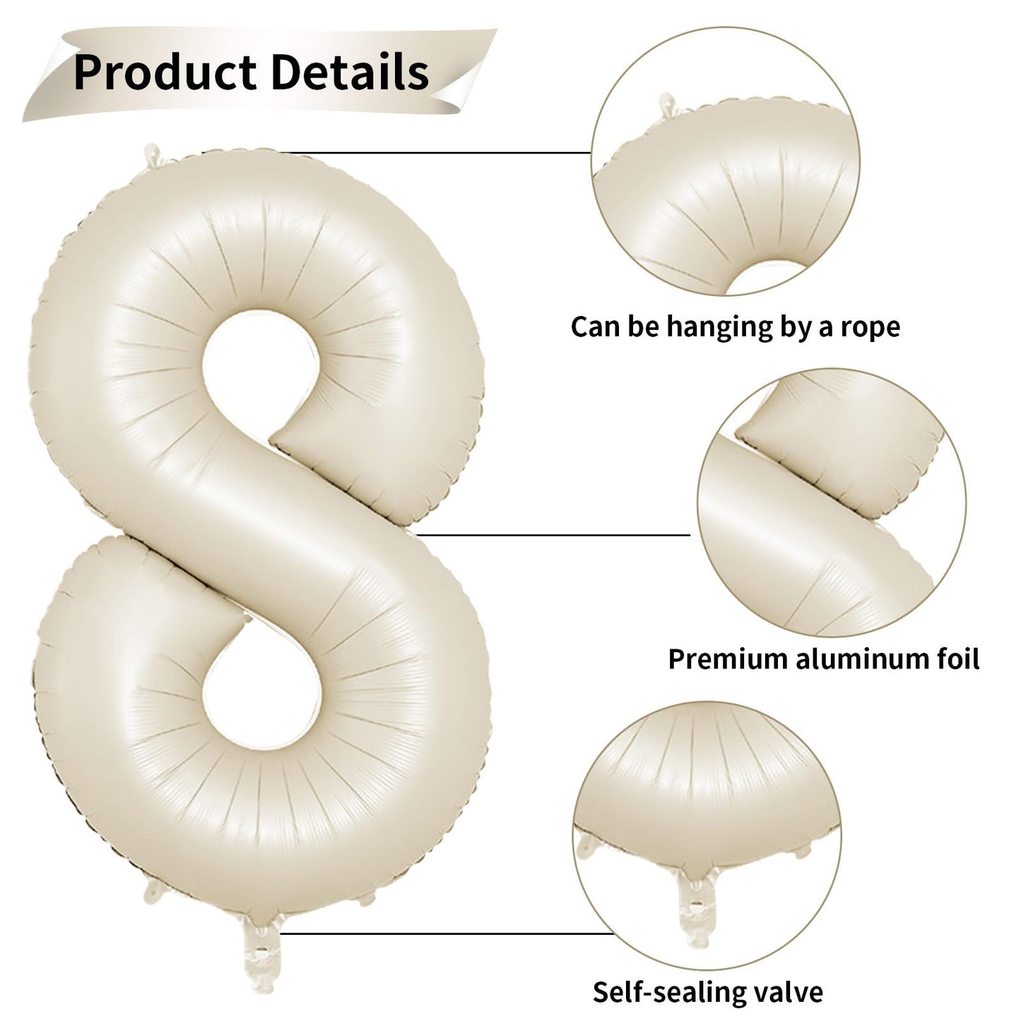 40 Inch Cream Number 8 Balloon, Beige Large 8Th Birthday Balloons, Digital 8 Cream White Giant 8 Foil Balloon Helium For Boys Gi