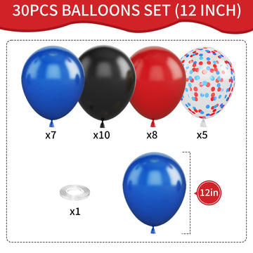 Red Blue Black Balloon Set, 12 Inch Matte Red Black And Royal Blue Latex Balloon With Red Blue Confetti Balloons For Super Spide