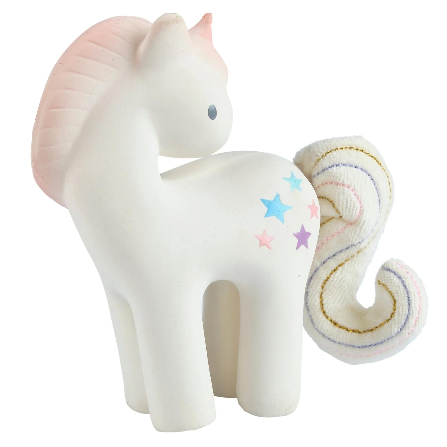 Tikiri Fairytales Cotton Candy Unicorn Natural Rubber Rattle With Crinkle Tail (White)