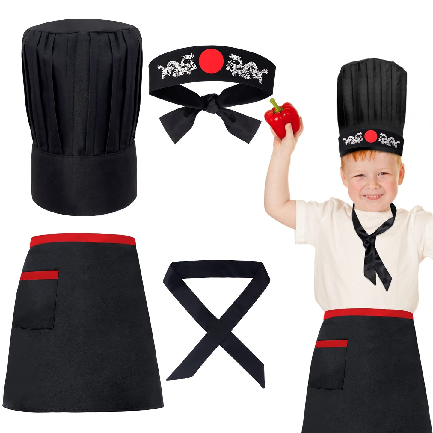 Keymall Kids Hibachi Chef Hat Teppanyaki Tall Chef Cap With Hachimaki Headband Tie Apron For Hibachi Birthday Party Costume(Blac