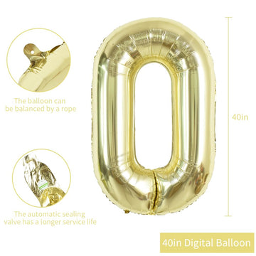 Toniful 40 Inch Light Gold Large Numbers Balloon 0-9 Birthday Party Decorations,Foil Mylar Big Number 0 Balloon Digital 0 For Bi