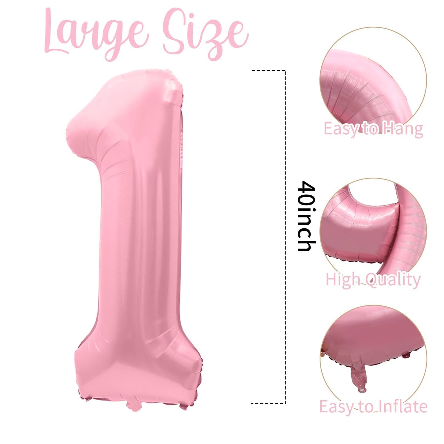 40 Inch Pink Number 1 Balloons, Large 1 Balloon Number Pink Foil Number Balloons, Light Pink 1st Mylar Birthday Balloons for Gir
