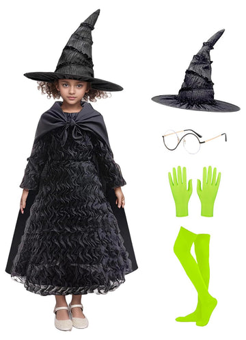 Gkokg Kids Elphaba Costume Witch Cosplay Black Ruffled Dress Cloak Gloves Glasses Pointed Hat Halloween Outfit Dress Up For Girl
