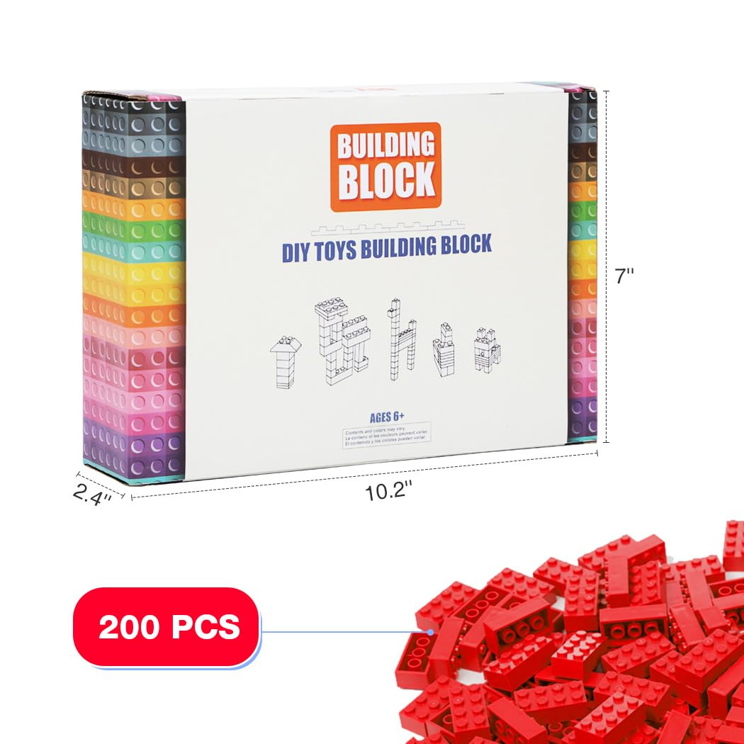Unirolic Classic Building Bricks, 200 Piece 2X4 Building Blocks Stem Creative Building Toys Compatible With All Major Brands, Moc Building Bricks Diy Play Set For Kids Age 6+ (Red)
