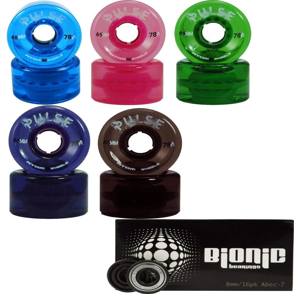 Atom Skates Pulse Outdoor Quad Roller Wheels 78A with Bionic Bearings  Black  Set of 8  65mm x 37mm