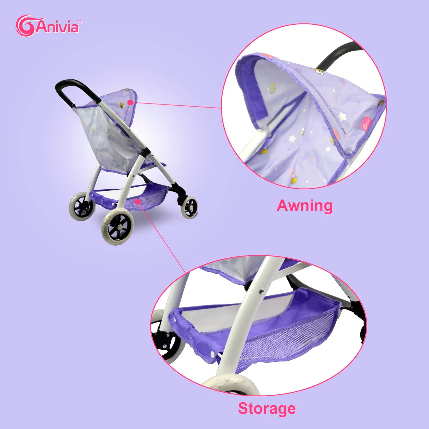Baby Doll Stroller for 18 inches American Girl Dolls with Multi Function. (DA422-PURPLE)