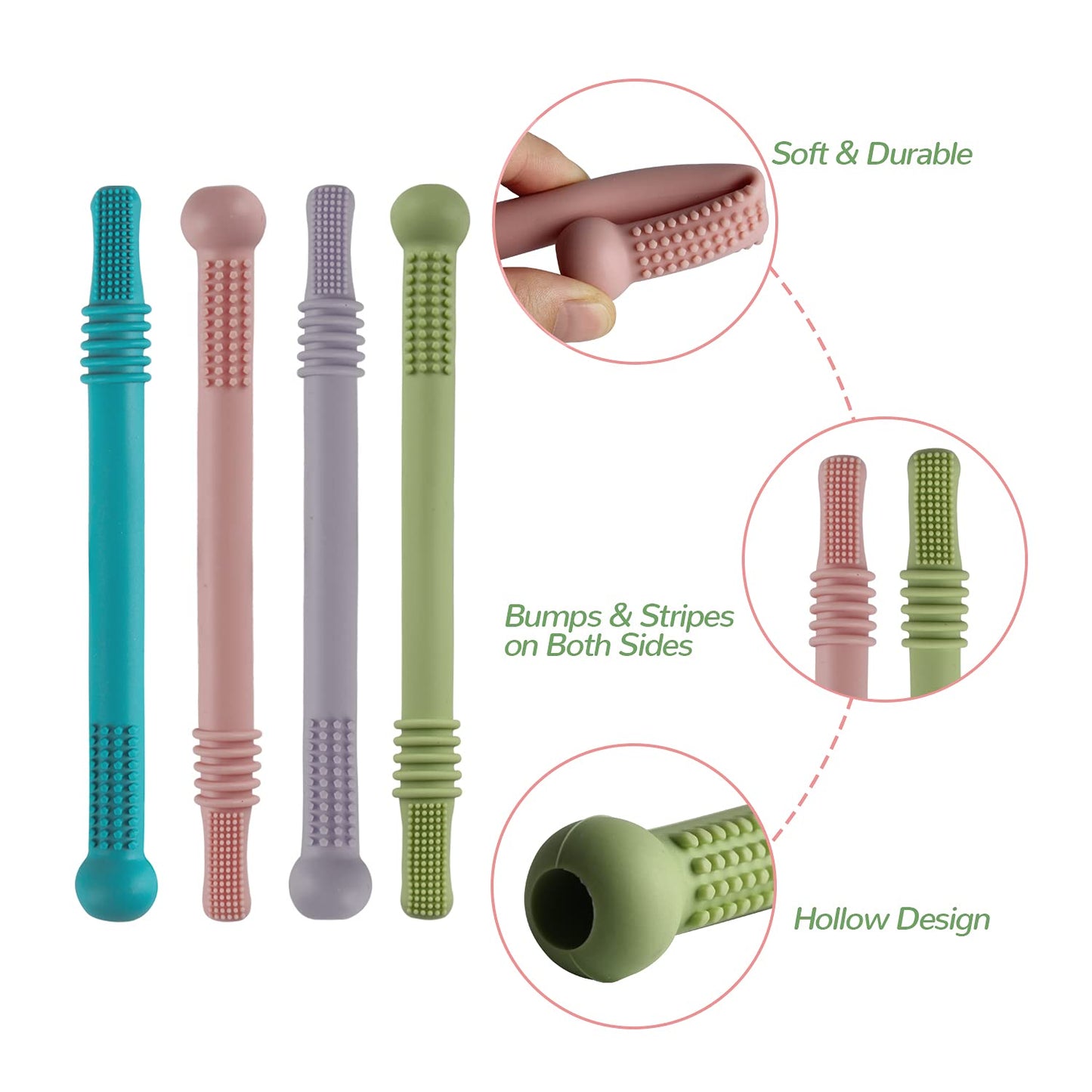 Fu Store Hollow Teether Tube - 6 Pack Silicone Chew Straw Toys for Infants, BPA Free, Multicolor, Safe for Freezing and Dishwashing