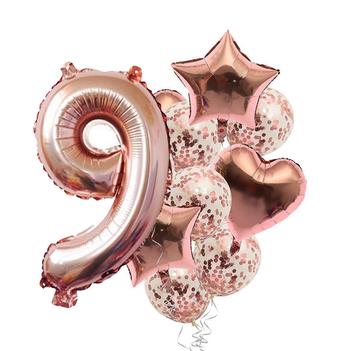 Pop The Party Nylon 9Th Number Balloon With 9 Digit Balloon For Including Star, Heart And Confetti Balloons,Multicolor,14 Pcs