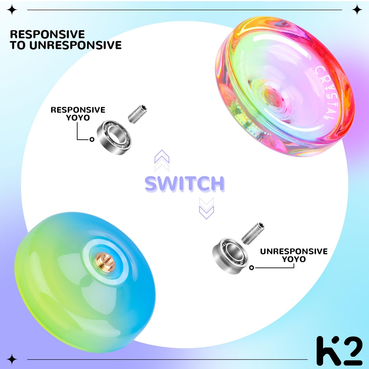Crystal Yoyo K2 - Pack Of 2 Responsive Yoyos For Kids Beginners, Dual Purpose Plastic Yoyo With Extra Unresponsive Yo Yo Bearing