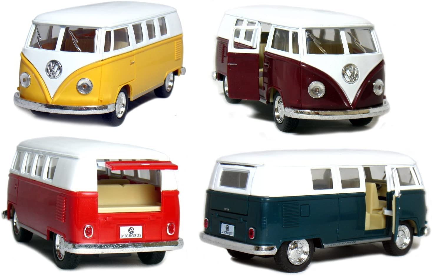 Set of 4: 5'' Classic 1962 Volkswagen Van 1:32 Scale (Green/Maroon/Red/Yellow)