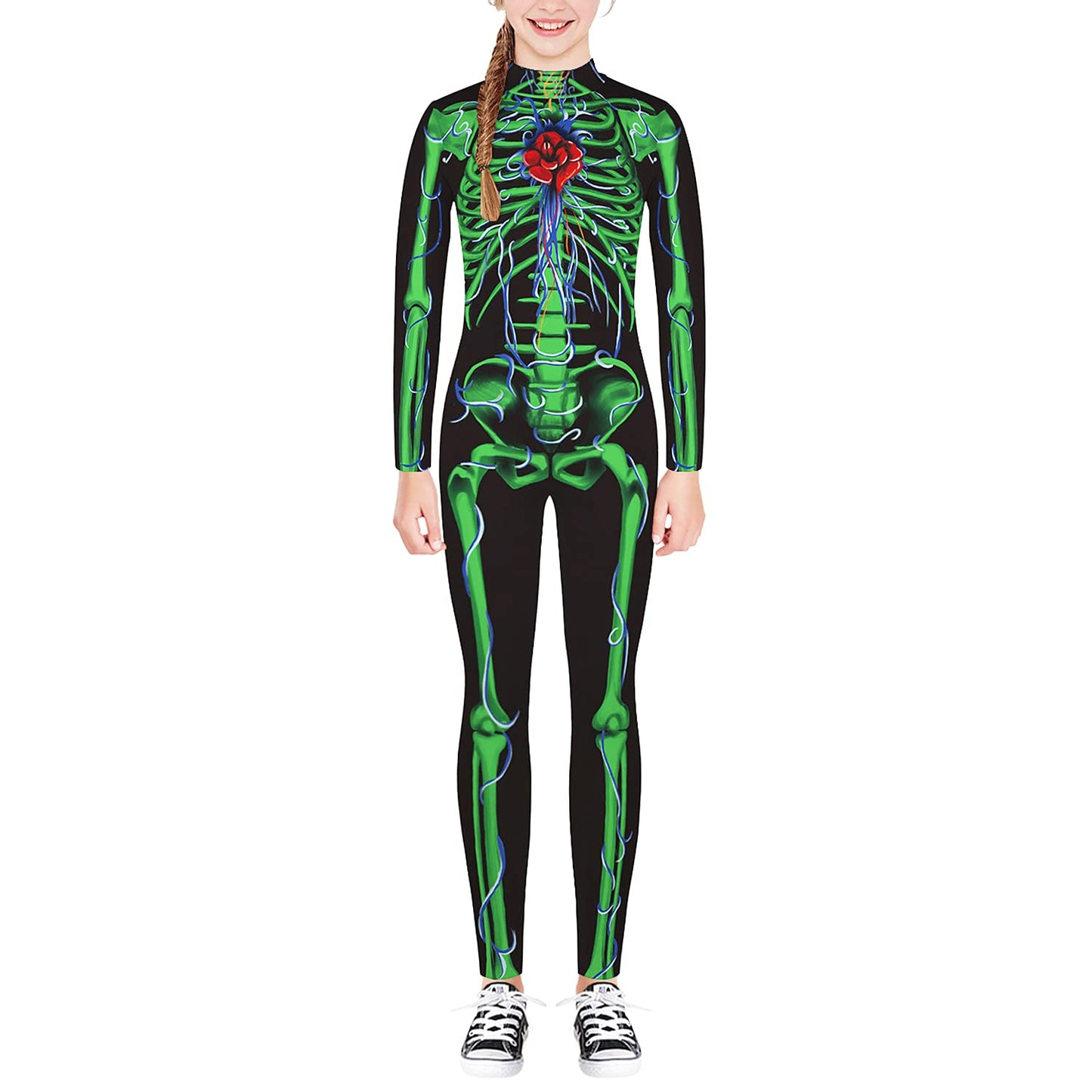 Remimi Boy'S Skeleton Skin Costume Zipper Girls Halloween Bone Skull Bodysuit Outfits Green M