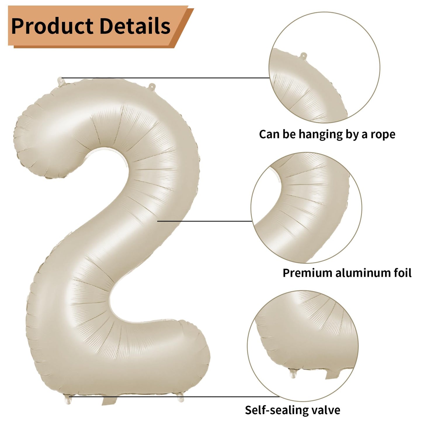 Biapian 40 Inch Cream Number 2 Balloons, Cream White Large 2Nd Birthday Balloons With 18'' Foil Cream Heart Balloon Helium For 2