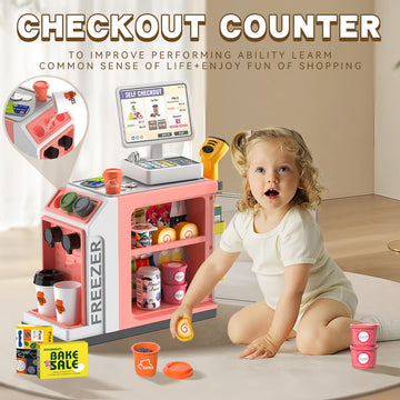 Cash Register Playset for Kids - 48PCS with Toy Coffee Machine,Pretend Play Money, Calculator, Scanner, Credit Card and Play Foo