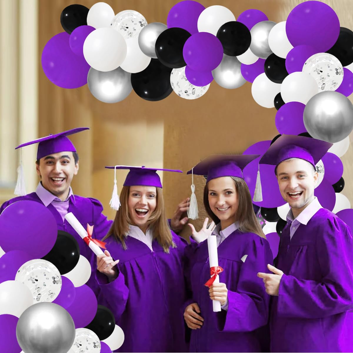 Purple Black Balloon Arch Garland Kit, 127 Purple Black White Balloons Metallic Silver Confetti Balloons For Birthday Wedding Gr