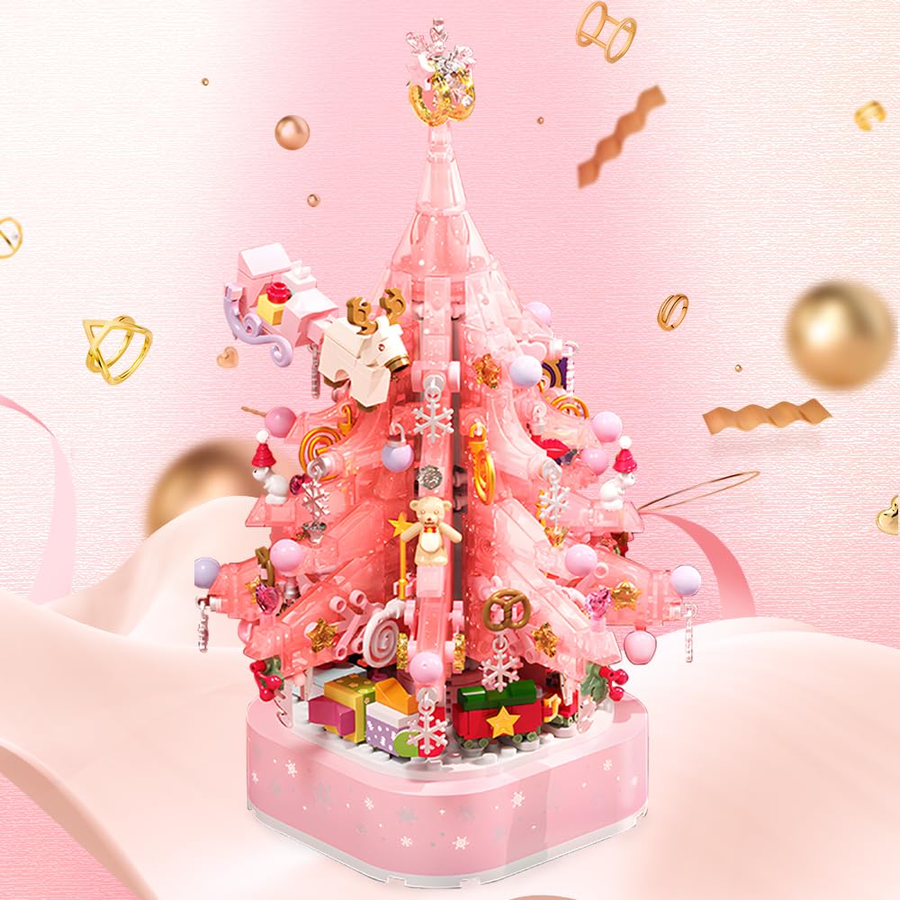 Christmas Tree Building Blocks, Christmas Music Box With Led Light Rotating Christmas Bricks Toy For Boys Girls, Pink Christmas