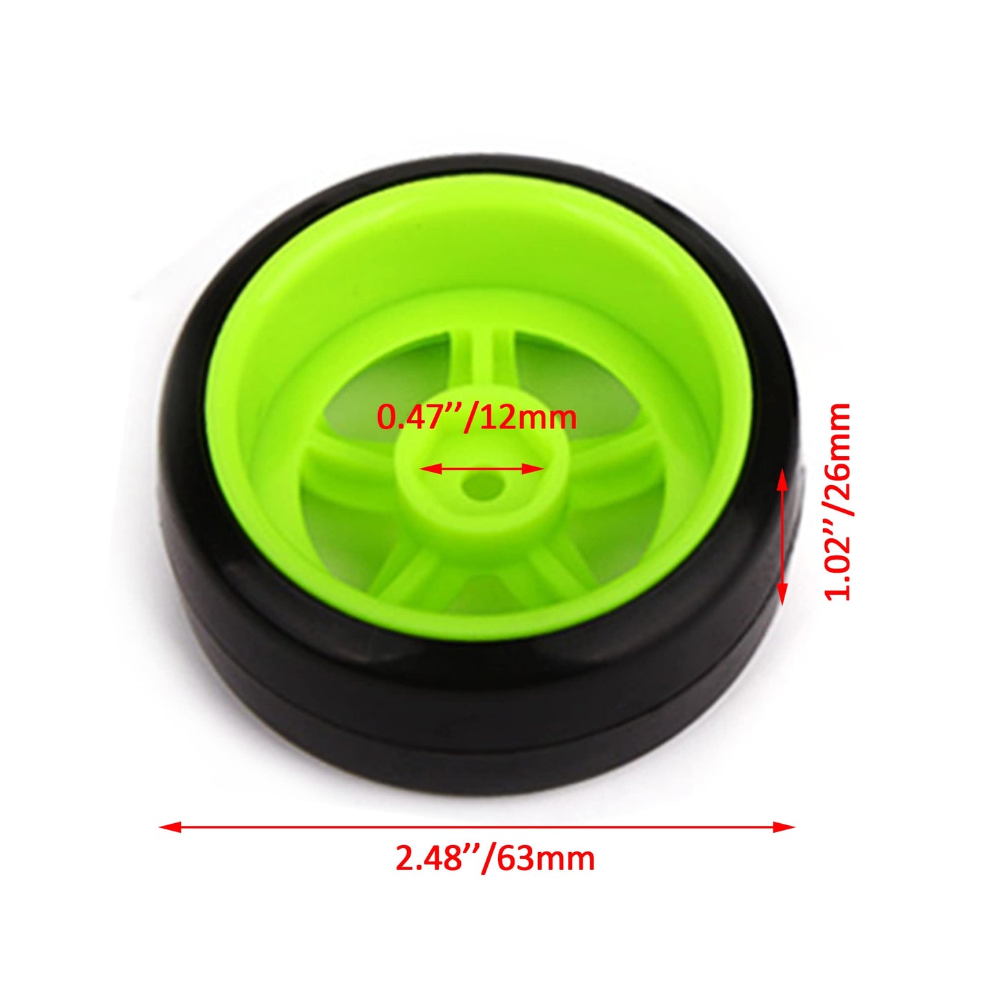 BQLZR 65 mm OD Black Plastic Smooth Tires with Green Wheel Rims for RC 1: 10 On Road Racing & Drift Car Pack of 4