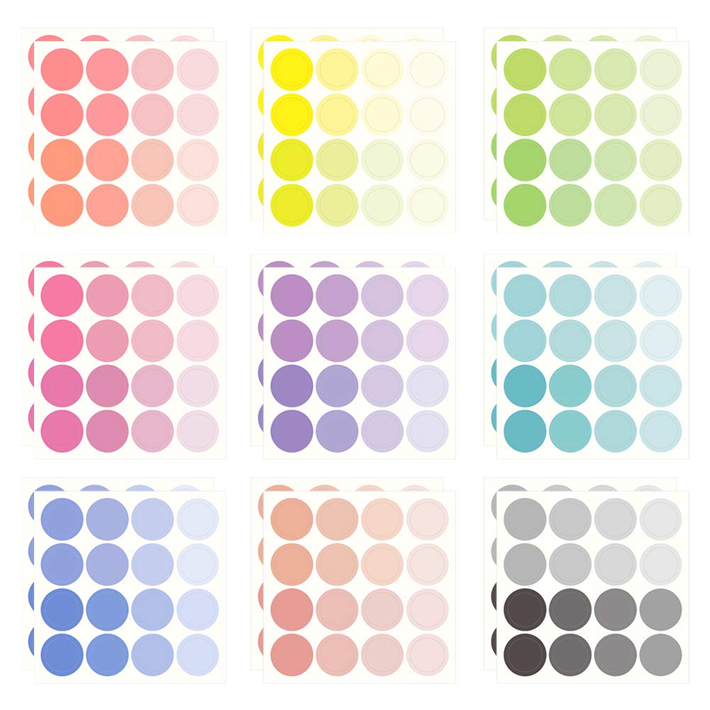Monolike Circle Stickers - Solid Round Dot Stickers, Small Size Set, 9 Types, 18 Sheets