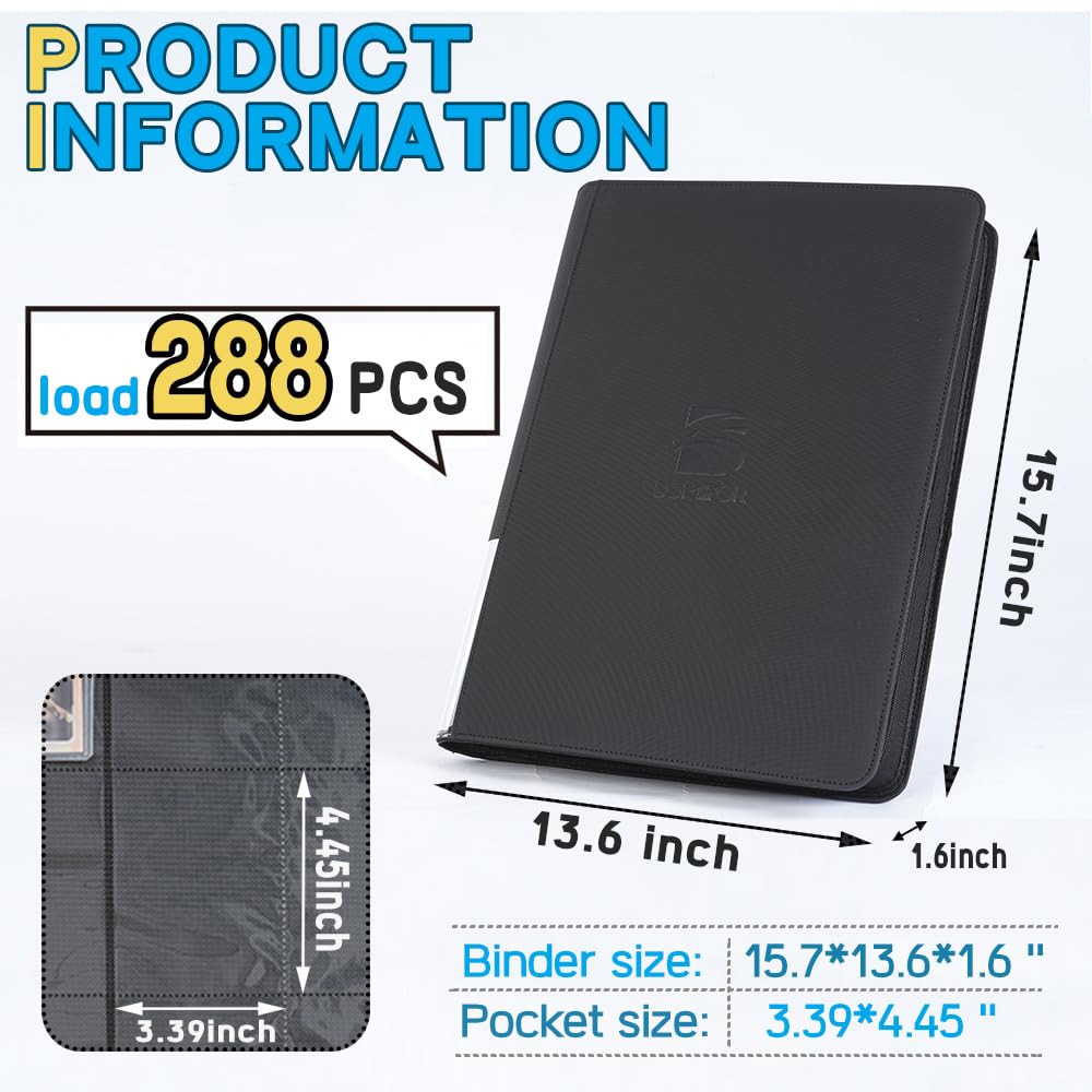 enhanced Top Loader Binder  Holds 288 Top Loaders 9-Pocket Toploader Binder with Sleeves for 3 x 4 Rigid Card Binder for Top Loader for Trading Cards or Sports Cards - Black