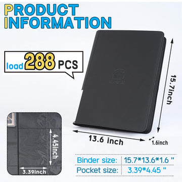 enhanced Top Loader Binder  Holds 288 Top Loaders 9-Pocket Toploader Binder with Sleeves for 3 x 4 Rigid Card Binder for Top Loader for Trading Cards or Sports Cards - Black