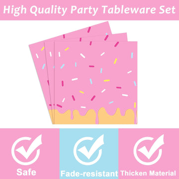 Tevxj 96Pcs Donut Themed Birthday Tableware Set Donuts Pink Dinnerware Disposable Plates Sweet Party Plates Napkins Forks For Baby Shower Party Decorations Supplies 24 Guests
