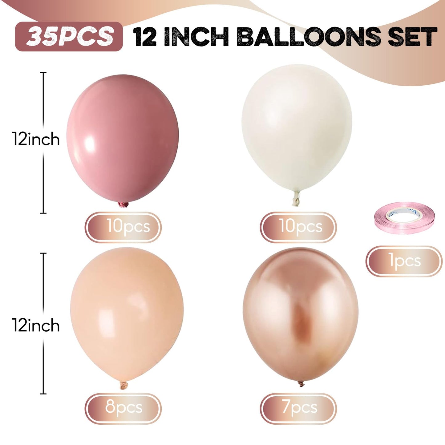 Retro Pink Beige Balloons Set, 12 Inch Dusty Pink Balloons Pink Gold Party Balloons Dark Gold Latex Balloons Boho Style Blush Pi